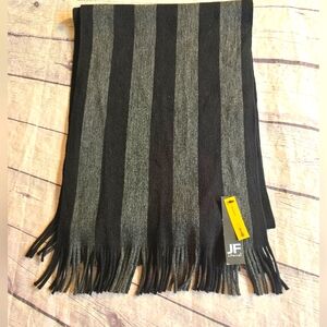 JF. J.FERRAR SOFT KNIT STRIPED BLACK/GRAY FRINGE MEN'S SCARF SIZE 12"X65"
